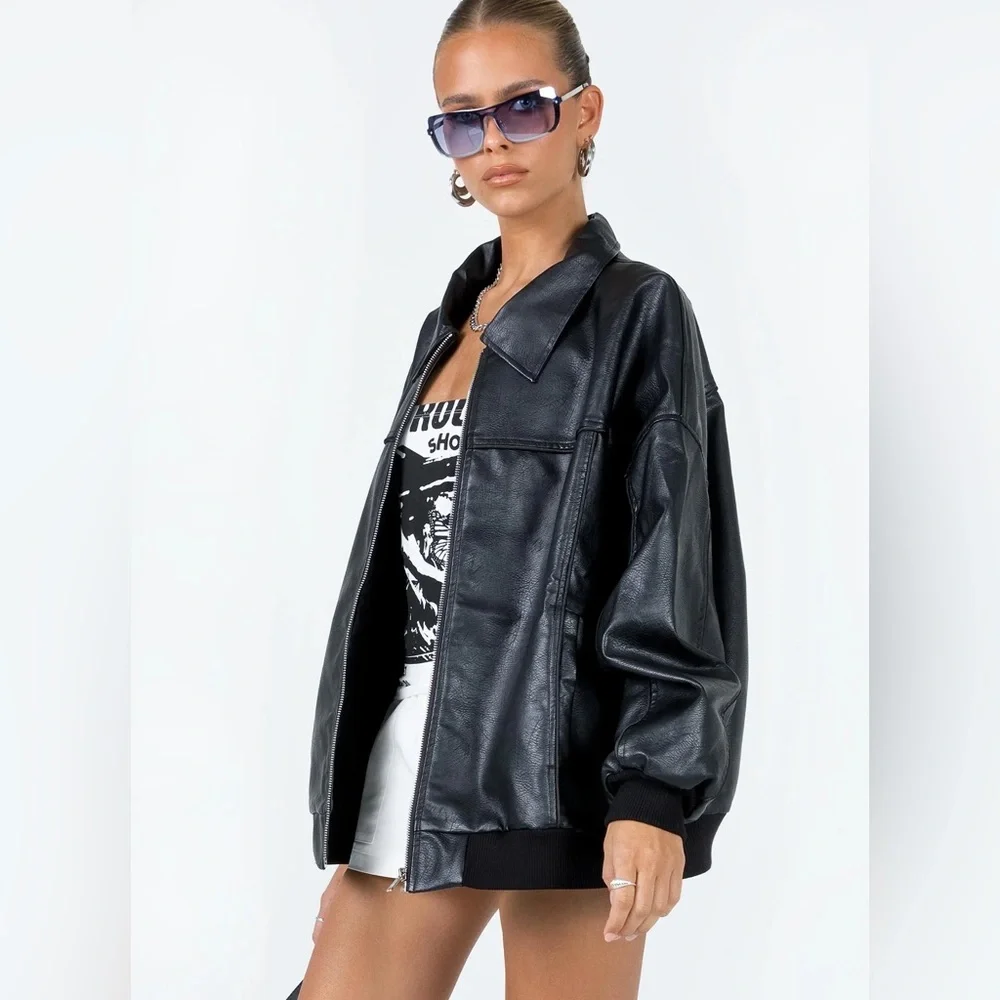 Princess Polly Goldsmith Faux Leather Bomber Jacket Black Oversized US 6 - Picture 3 of 15